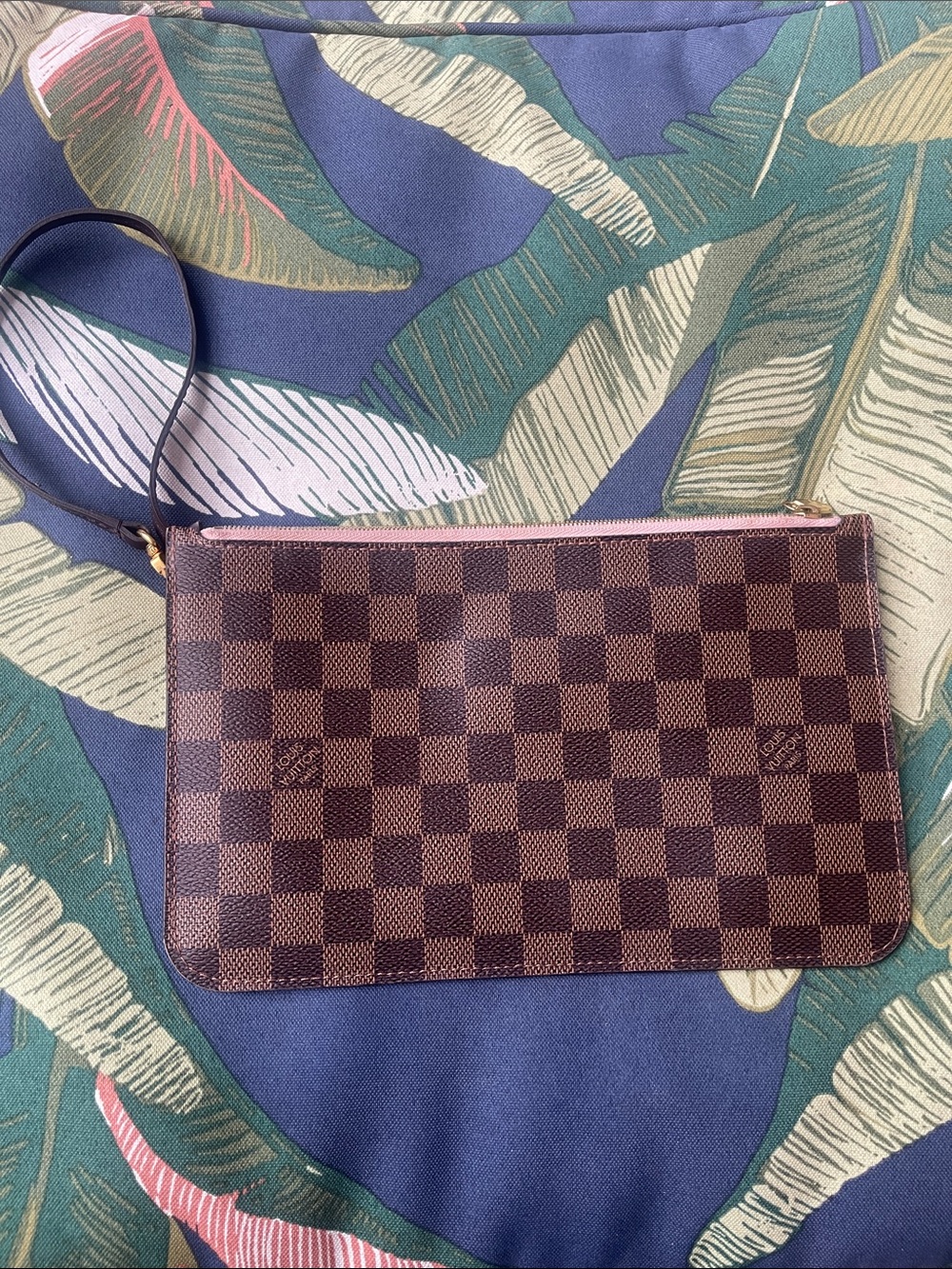 Authentic Louis Vuitton Brown Damier Ebene Wristlet Pouch with Pink Trim